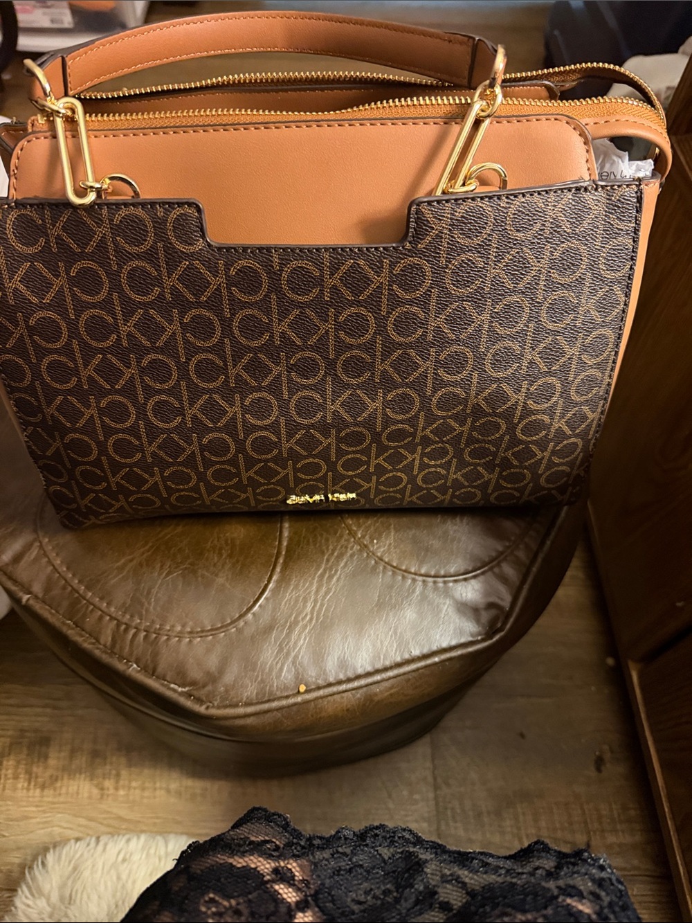 Calvin Klein Brown Monogram Tote with Tan Accents
